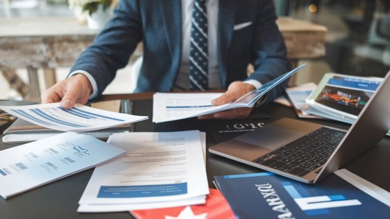 A business professional in a suit reviewing financial reports and documents at a modern office desk with a laptop and printed charts