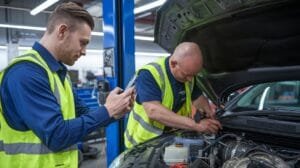 Two auto mechanics in a repair shop, one working on a car engine while the other uses a smartphone, symbolizing social media marketing in the automotive industry.
