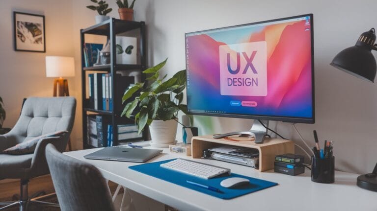 Modern home office setup with a large monitor displaying 'UX Design', surrounded by productivity tools, a potted plant, and organized workspace essentials.