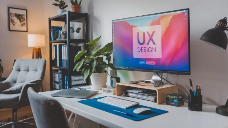 Modern home office setup with a large monitor displaying 'UX Design', surrounded by productivity tools, a potted plant, and organized workspace essentials.
