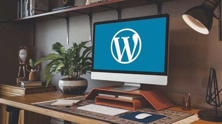 A stylish home office with a computer screen displaying the WordPress logo, representing website design and development.