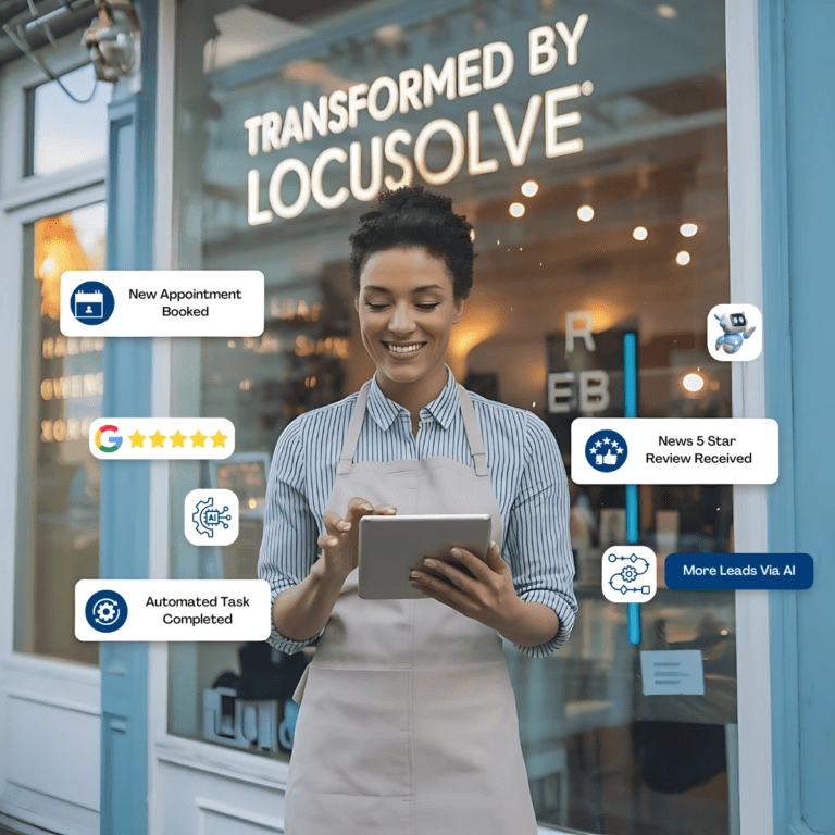 Small business owner using digital solutions by Locusolve to automate tasks, manage bookings, and boost online presence