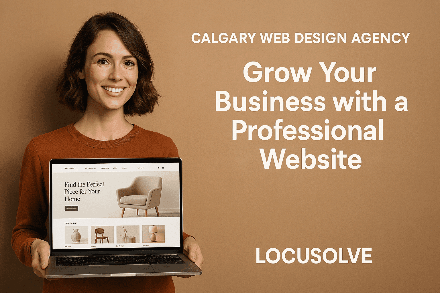 Smiling woman holding a laptop displaying a modern furniture website, with the headline 'Grow Your Business with a Professional Website' and LOCUSOLVE branding, representing Calgary web design services
