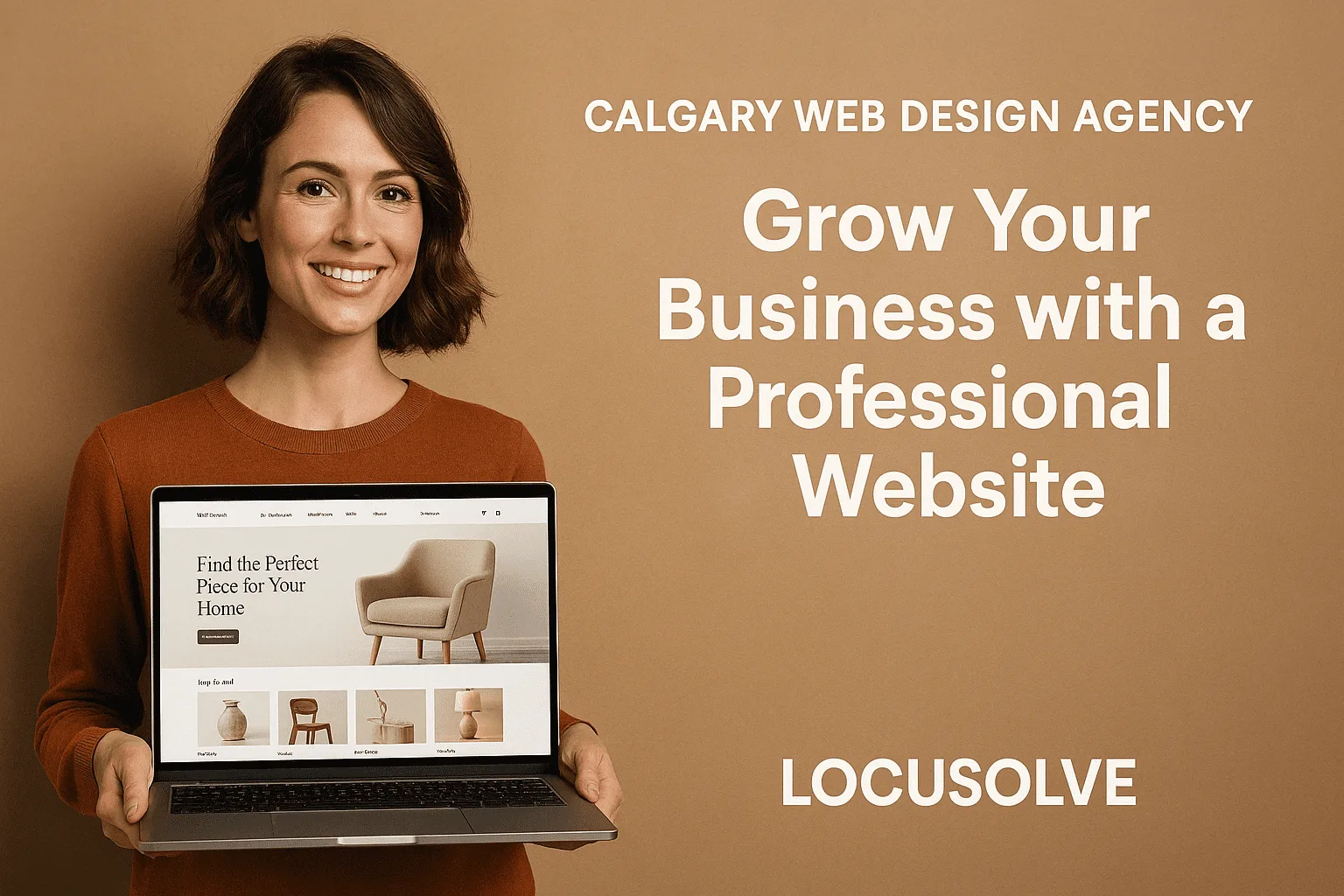 Smiling woman holding a laptop displaying a modern furniture website, with the headline 'Grow Your Business with a Professional Website' and LOCUSOLVE branding, representing Calgary web design services