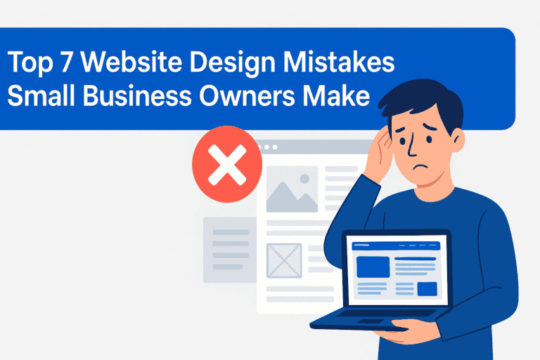 Worried small business owner holding laptop illustrating top website design mistakes