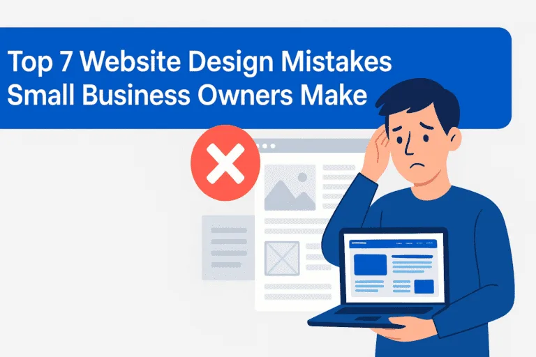 Worried small business owner holding laptop illustrating top website design mistakes