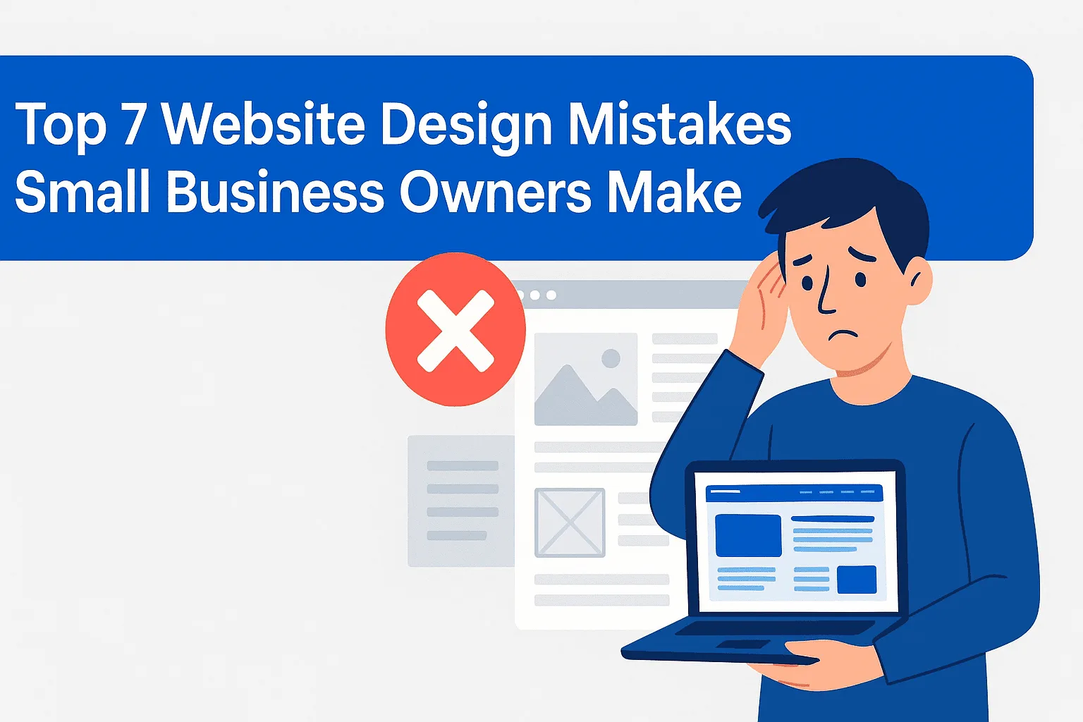 Worried small business owner holding laptop illustrating top website design mistakes