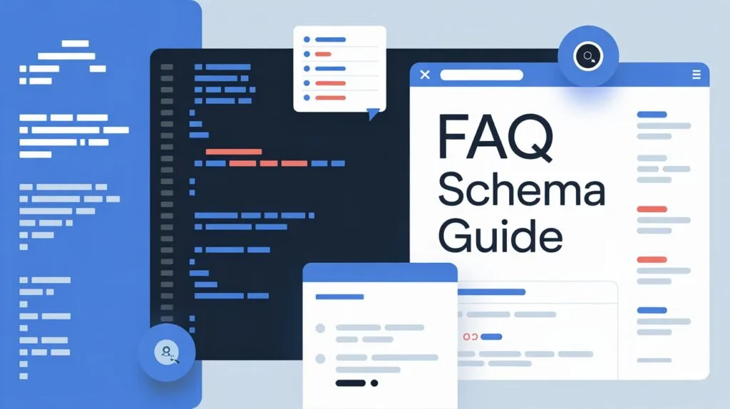 Illustration showing FAQ Schema Guide with code snippets and search interface, representing structured data implementation for SEO.