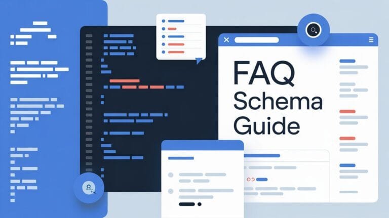 Illustration showing FAQ Schema Guide with code snippets and search interface, representing structured data implementation for SEO.