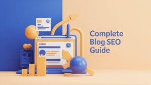 3D illustration of a computer screen with SEO elements, charts, and arrows, representing a complete blog SEO guide in vibrant blue and yellow tones.