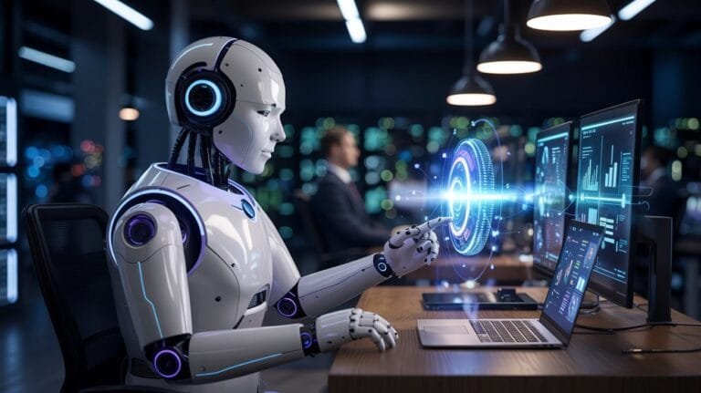 Futuristic humanoid robot using advanced touch interface and data analytics tools in a modern tech workspace, symbolizing AI integration in business operations.
