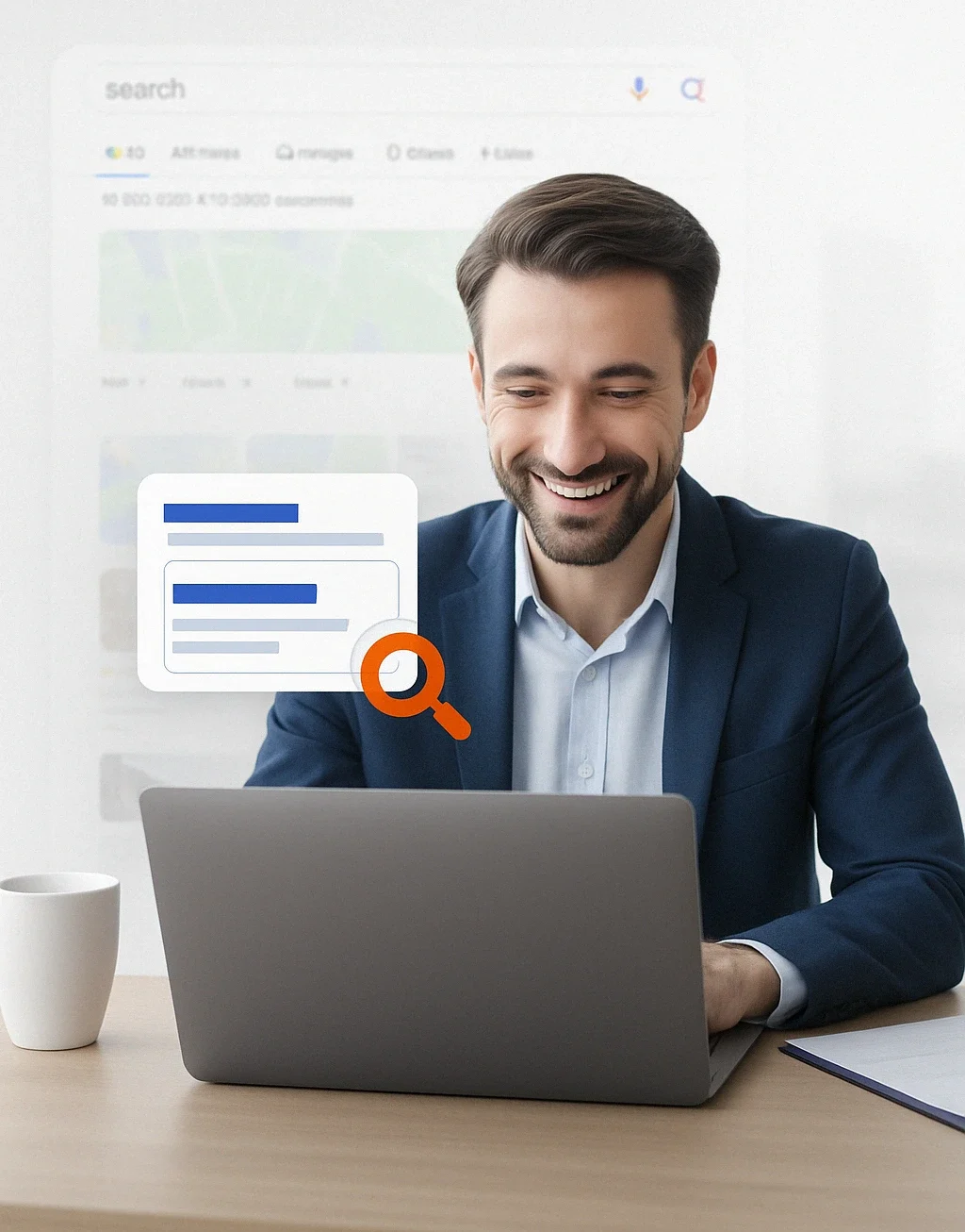 A Caucasian man in a navy blazer working on his laptop, focused on SEO tasks, with a blurred background of a Google search results page and an SEO graphic.