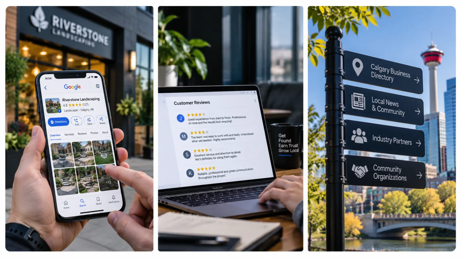 Illustration in three panels: a Google Business Profile on a phone, customer reviews on a laptop, and a Calgary signpost pointing to local directories and community organizations.
