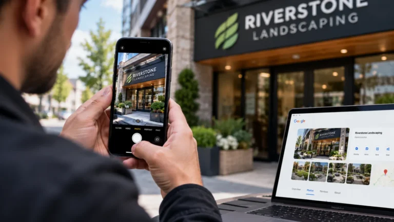 Illustration of a person photographing a landscaping company’s storefront, with the photos shown on its Google Business Profile.