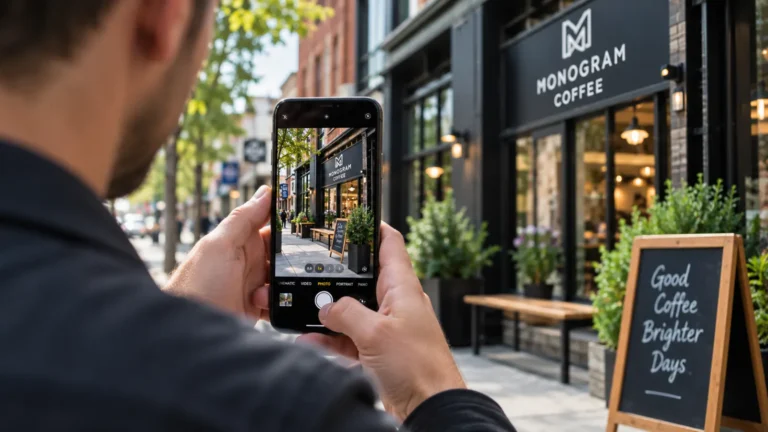 Illustration of a person photographing a café storefront on a tree-lined Calgary street.