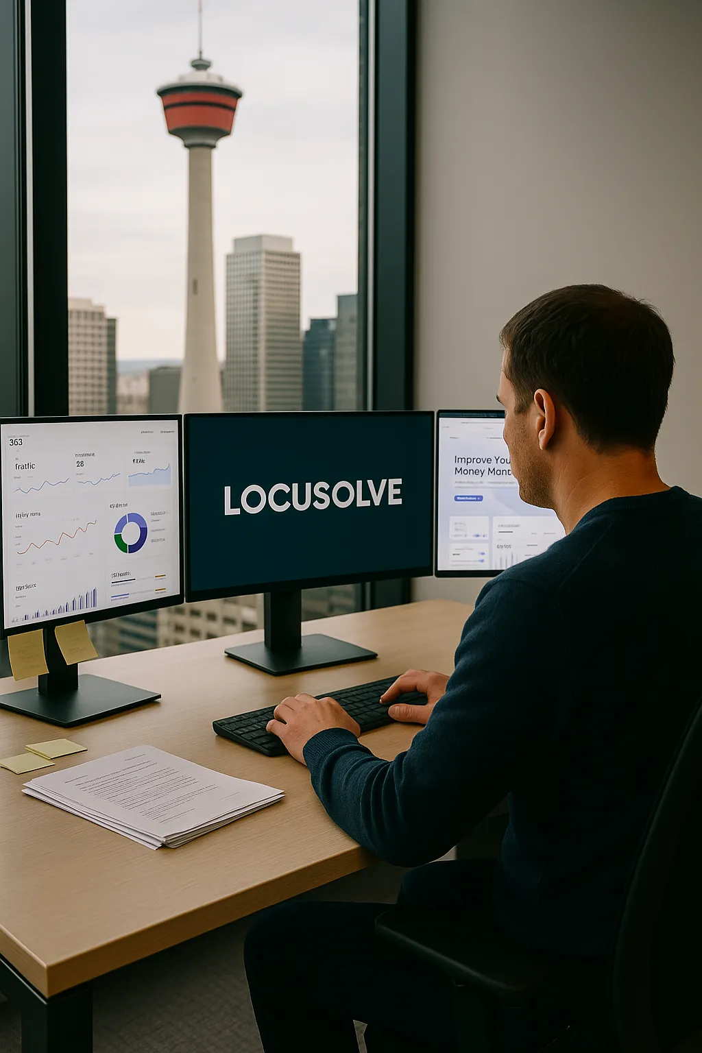 Locusolve tech working in a office on a web design project , calgary tower visible form the office window